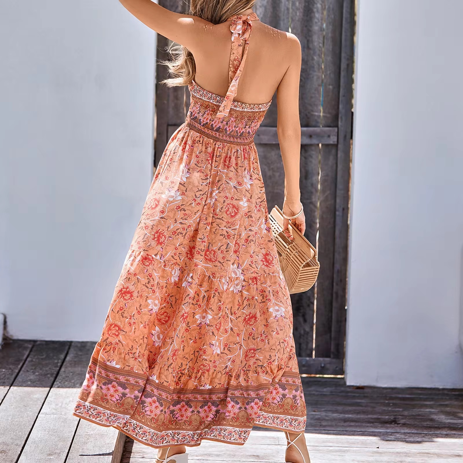 High Waist Bohemian Vestidos Vintage Floral Boho Halter Neck Maxi Dresses - Image 5