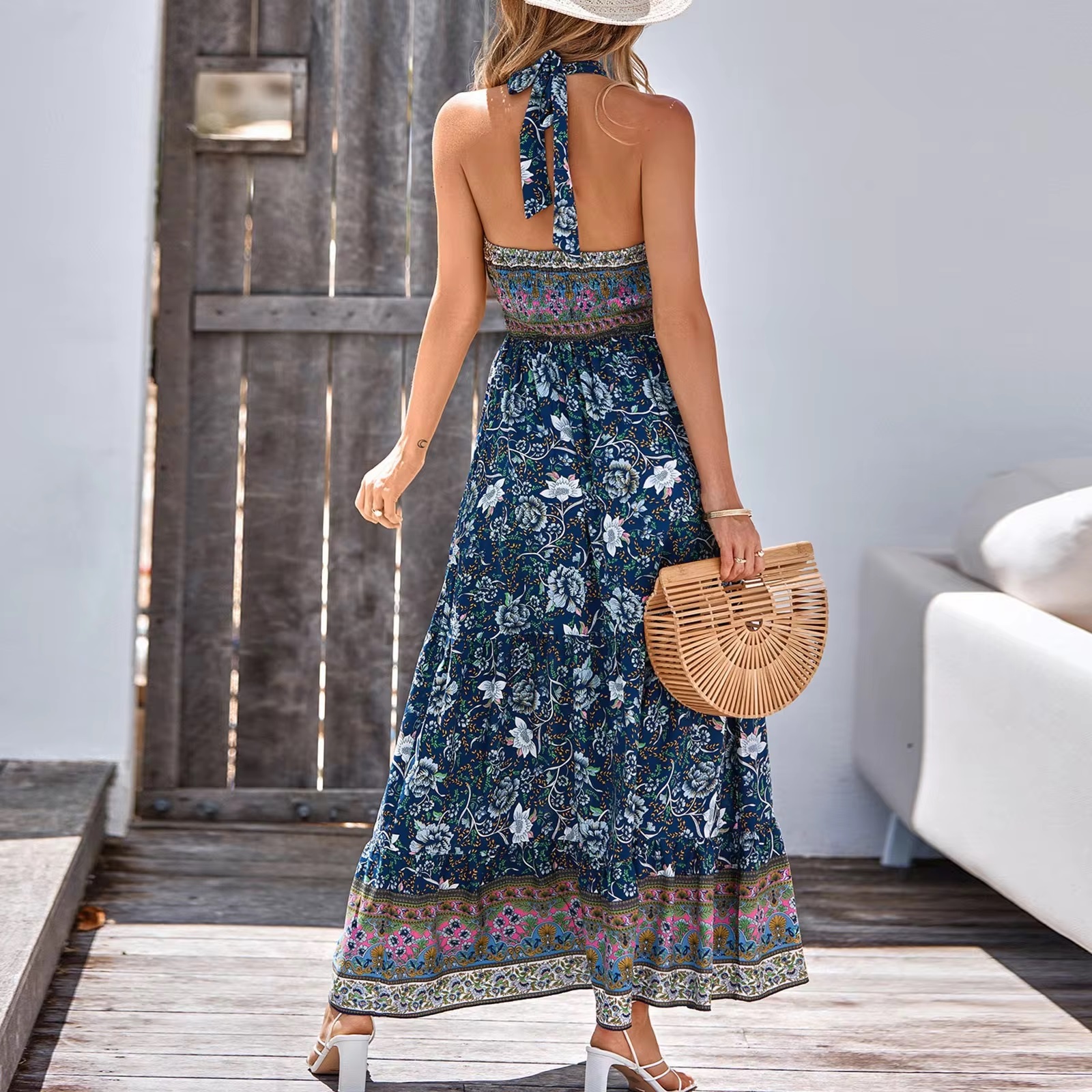 High Waist Bohemian Vestidos Vintage Floral Boho Halter Neck Maxi Dresses - Image 7