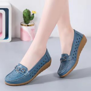 Hollow out Genuine Leather Bottom Bean Surface Anti-slip Soft Sole Shoes