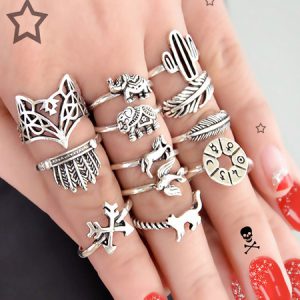 Knuckle Animal Leaf Embossed 12 Piece Ethnic Ring Set