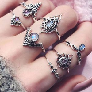 Knuckle Ethnic Style Embossed Hollow Out Gems 7 Pieces Ring Set
