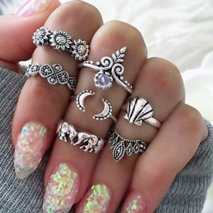 Knuckle Rings Ethnic Style Embossed Gems Ring Set In 7 Pieces