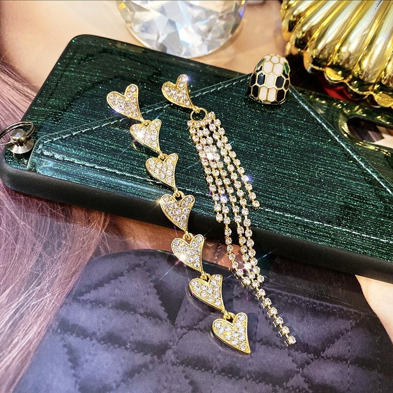 Korean Shiny Heart Crystal Drop Earrings - Image 5