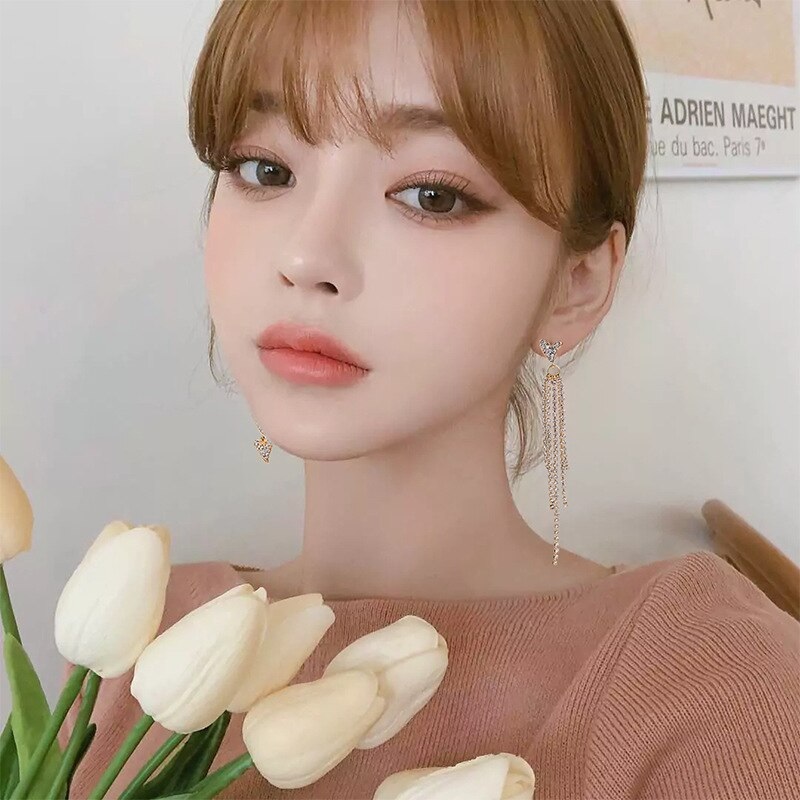 Korean Shiny Heart Crystal Drop Earrings - Image 6