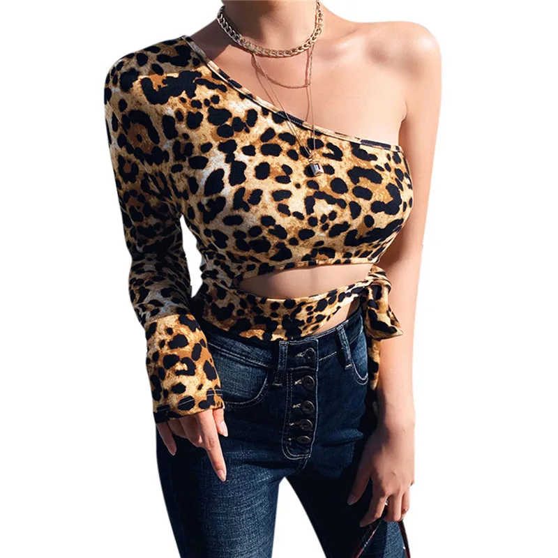 Leopard Print Lace Up Hollow Out One Shoulder Cropped Tops - Image 11