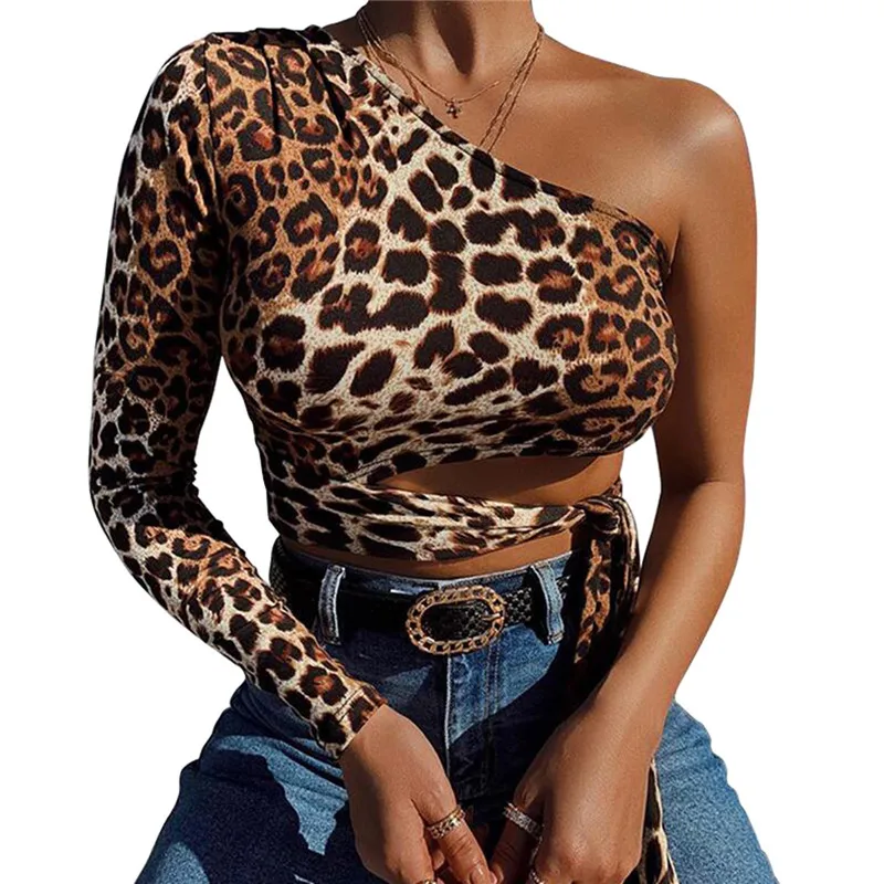 Leopard Print Lace Up Hollow Out One Shoulder Cropped Tops - Image 10