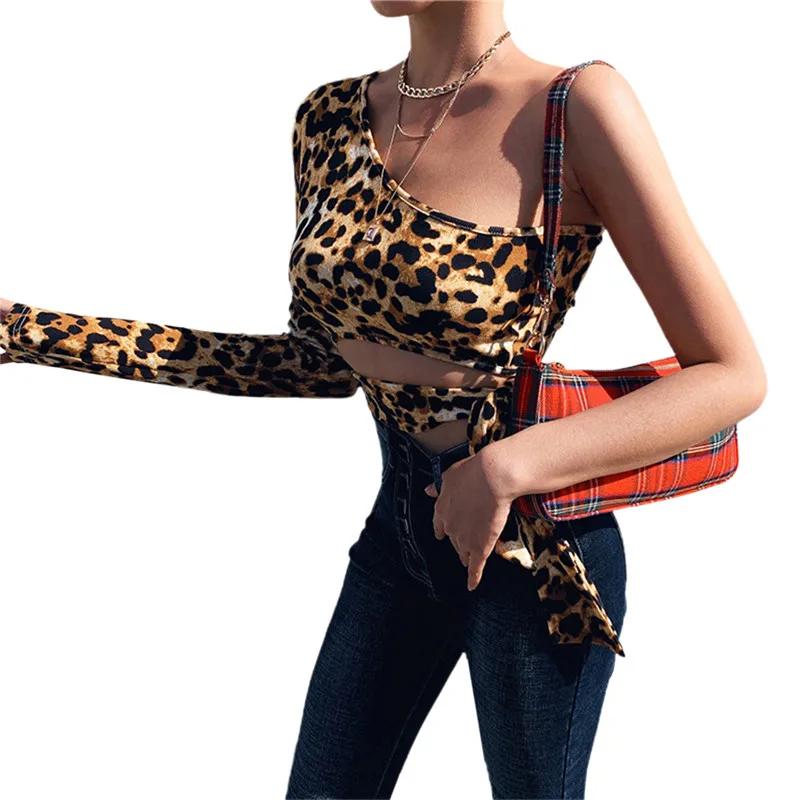 Leopard Print Lace Up Hollow Out One Shoulder Cropped Tops - Image 6