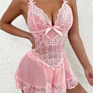 Lingerie Lace Bow See-through Sleeveless Sleepwear Valentines Day Nightgowns