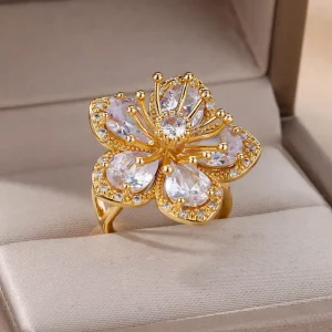 Luxury Aesthetic Stainless Steel Flower Rings Jewelry