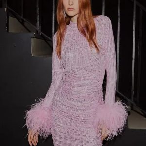 Luxury Diamonds Long Sleeves With Feather Slim Wrap Hips Party Prom Mini Dress