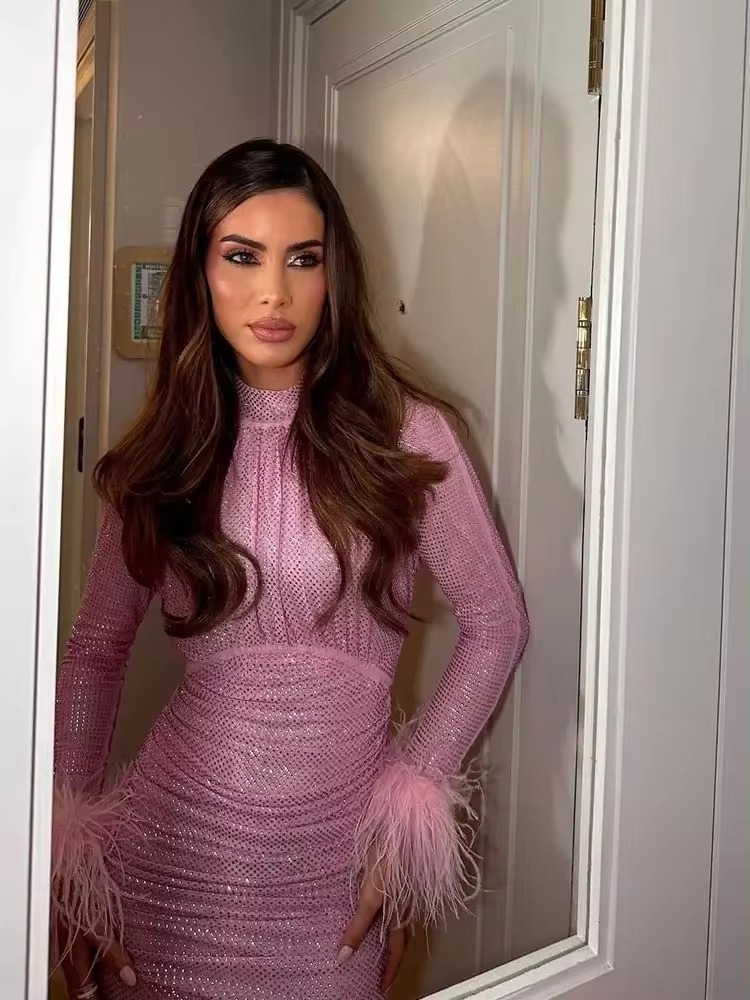 Luxury Diamonds Long Sleeves With Feather Slim Wrap Hips Party Prom Mini Dress - Image 2