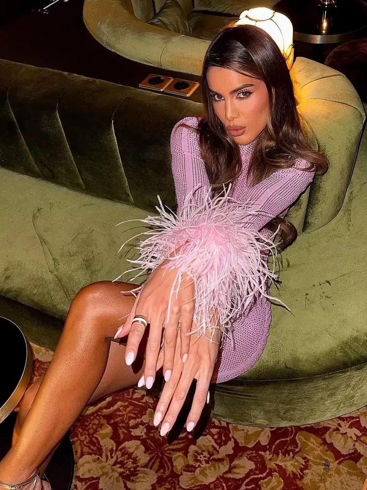 Luxury Diamonds Long Sleeves With Feather Slim Wrap Hips Party Prom Mini Dress - Image 4