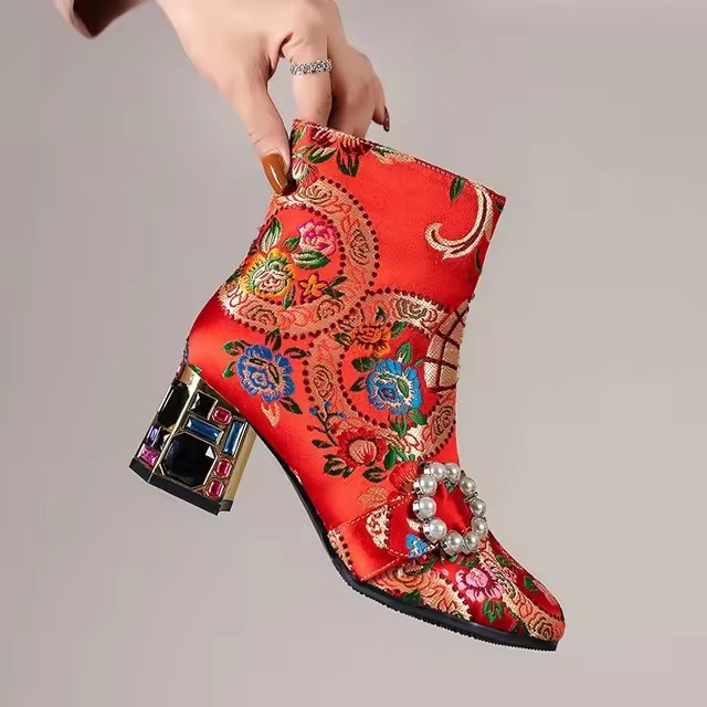 Luxury Embroidery Floral Genuine Leather Rhinestones Block Ankle Heel Boots - Image 3