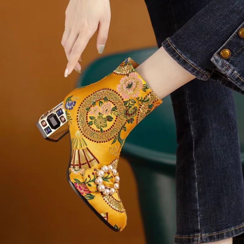 Luxury Embroidery Floral Genuine Leather Rhinestones Block Ankle Heel Boots