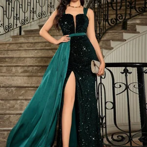 Luxury Sequin Spaghetti Strap Floor-Length Wedding Party Long Dresses