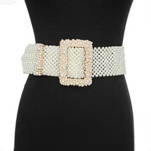 Luxury solid Metal Grand Pearl Ultra Wide Square Buckle Belt