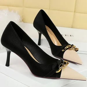 Metal Chain Banquet Pumps Pointed Toe Low Heels Formal Occasion Prom Shoes