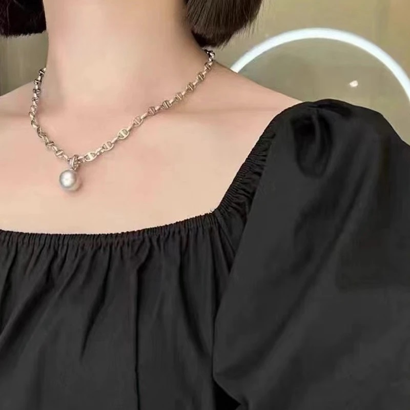 Natural Freshwater True Pearl Pig Nose Necklace Personality Fashion S925 Sterling Silver Jewelry - Image 2