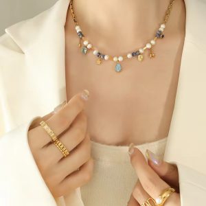 Natural Stone Pearl Beads Crystal Stainless Steel Necklace