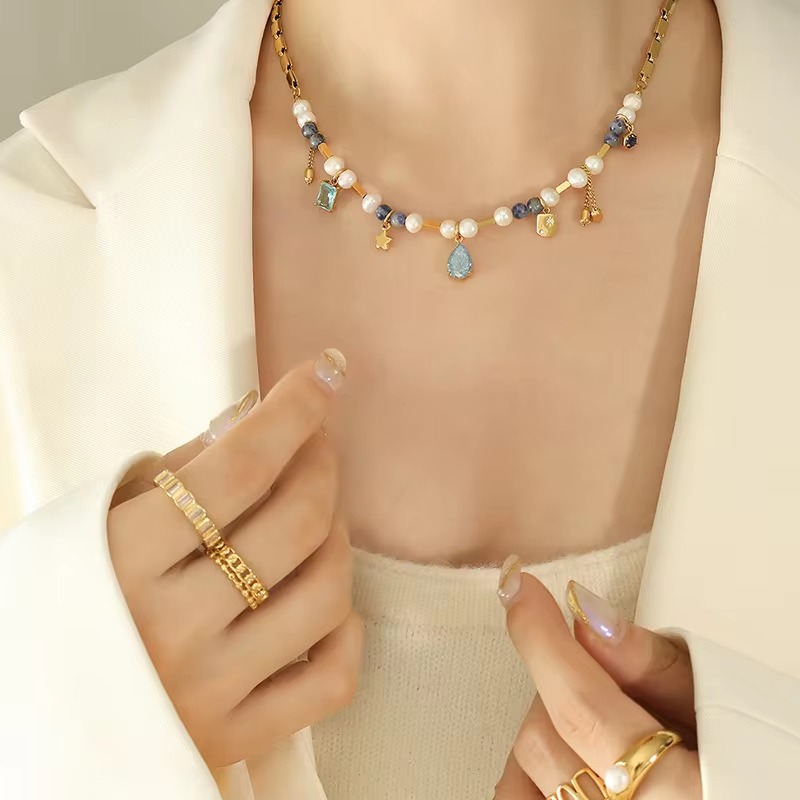 Natural Stone Pearl Beads Crystal Stainless Steel Necklace