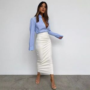 PU High Waist Gown Elegant And Vintage Streetwear Midi Skirt