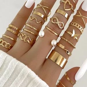 Pearl Heart Butterfly Braided And Stackable Rings 22 Pieces Set