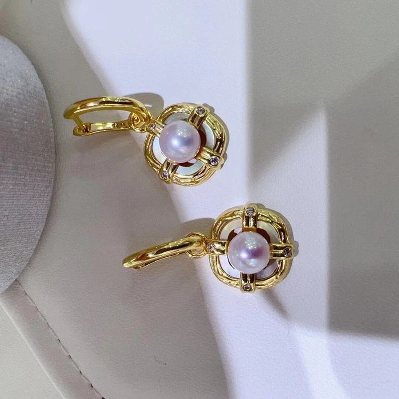 Buckle Pendant Earrings Natural Freshwater Aurora AKOYA Pearl Earrings Inlaid with Zircon Vintage Set - Image 3