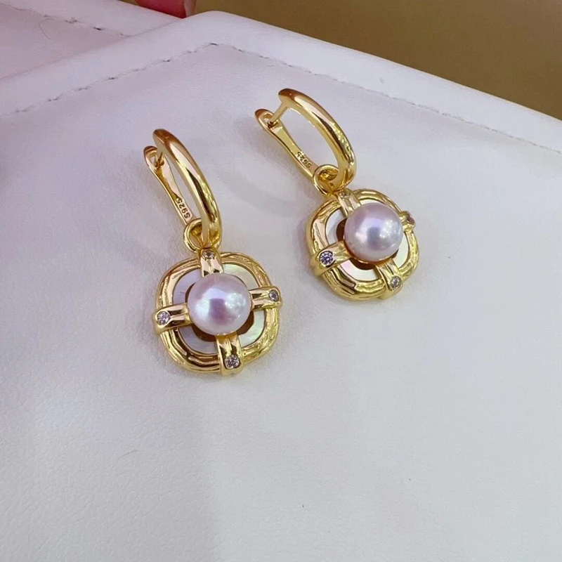 Buckle Pendant Earrings Natural Freshwater Aurora AKOYA Pearl Earrings Inlaid with Zircon Vintage Set - Image 4