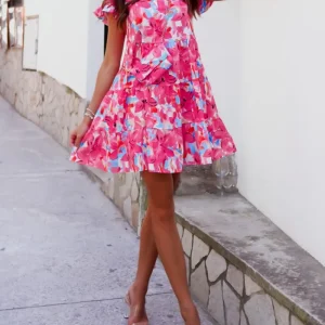 Casual Printed Flare Sleeves Round Neck Irregular Mini Dress