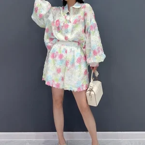 Printing Long Sleeve Shirt And High Waist Shorts Two Piece Sets
