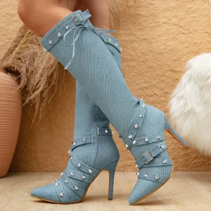 Rivet Belt Buckle Pointed Toe Side Zipper Thin Knee-High Boots