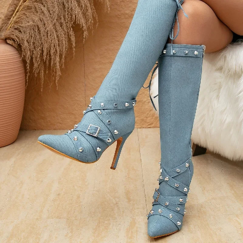 Rivet Belt Buckle Pointed Toe Side Zipper Thin Knee-High Boots - Image 4