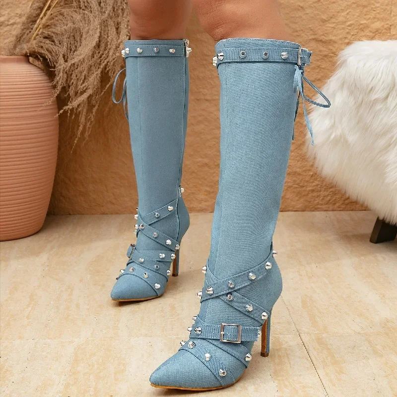 Rivet Belt Buckle Pointed Toe Side Zipper Thin Knee-High Boots - Image 2