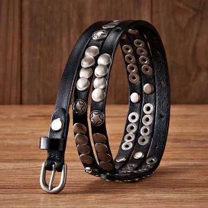 Rivet Real Genuine Leather Punck Decoration Thin Strap Skirt Dress Belts