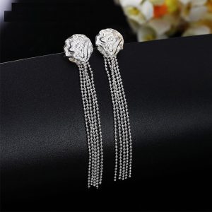 Rose Flowers Bead Long Chain Tassel Drop Earrings