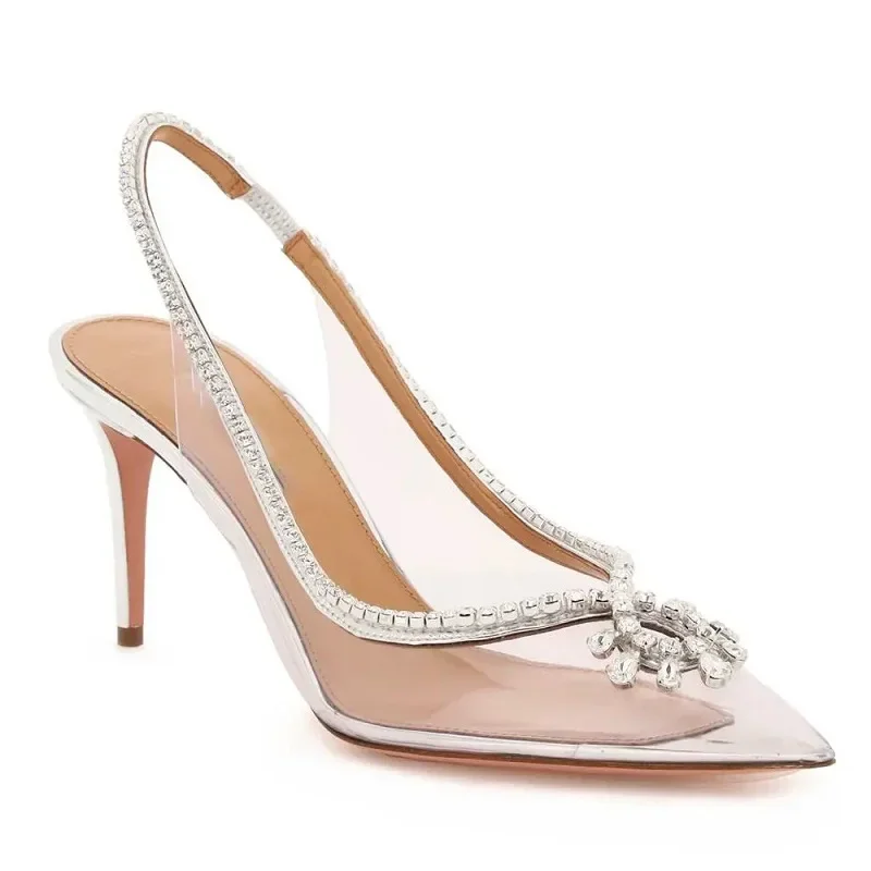 Elegant Crystal PVC Transparent Slingbacks Party Wedding Thin Heels Sandals - Image 2