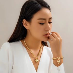 Simple Punk Hollow Heart Ball Bead Chain Necklace 2 Pieces Set