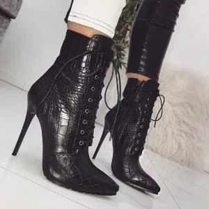Snakeskin Grain Ankle Boots High Heels Pointed Toe Lace-Up Shoes