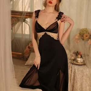 Solid Color Ice Silk Seductive Stain Home Wear Long Nightdress