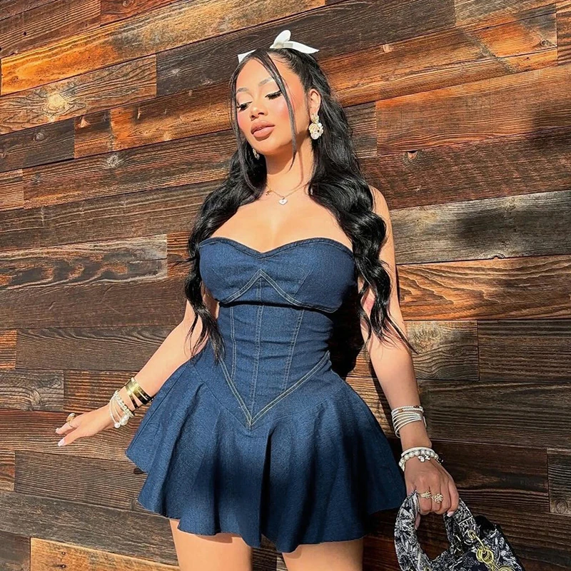 Solid Square Collar sleeveless Wrap Hip Skirt Mini Dress - Image 2