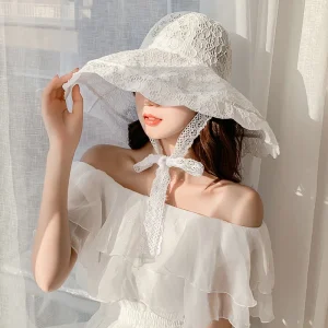 Solid Wide Brim Lace Party Wedding Packable Beach Sun Protection Hat