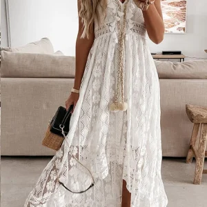 Solid irregular v neck loose sleeveless sweet middle waist beach party dress