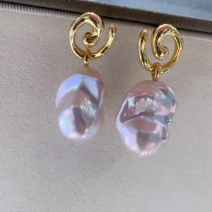 Spiral Metal Track Design Earrings Irregular Shaped Baroque Pearl Pendant Earrings