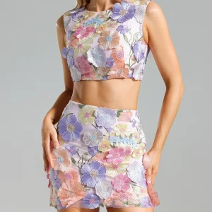 Spliced Appliques O Neck Top High Waist Patchwork Zipper Skirt Two Piece Set