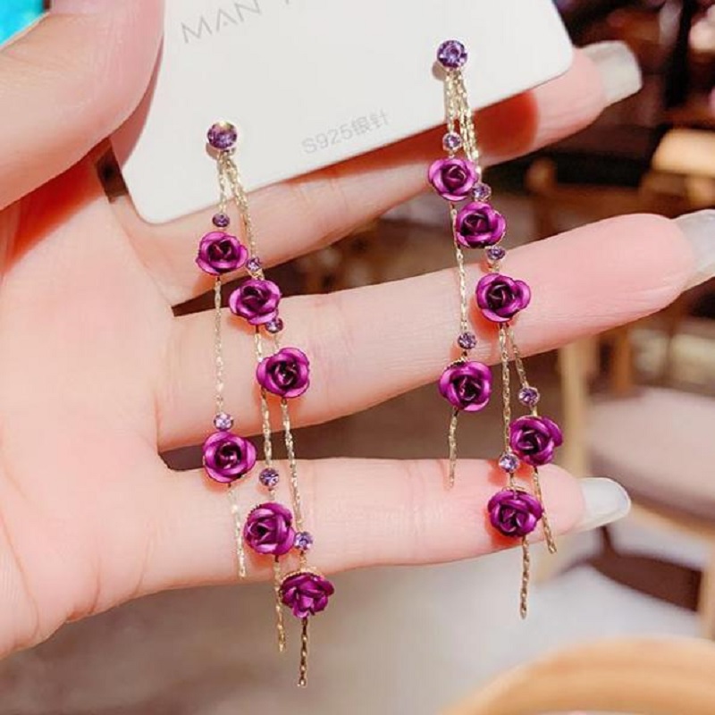 Style Rose Petals Long Tassel Pendant Earrings - Image 3