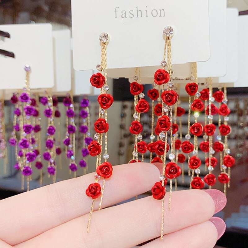 Style Rose Petals Long Tassel Pendant Earrings - Image 4