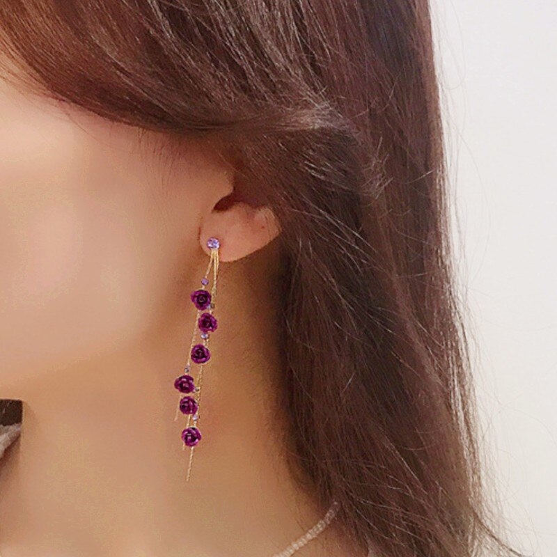 Style Rose Petals Long Tassel Pendant Earrings - Image 5