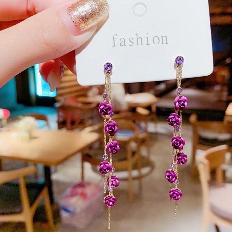 Style Rose Petals Long Tassel Pendant Earrings - Image 7