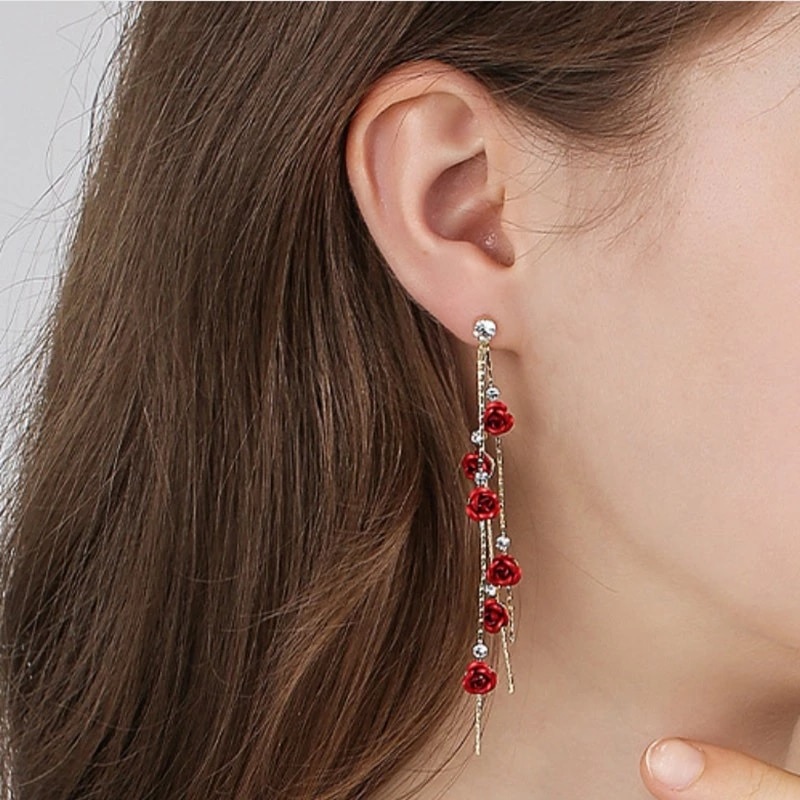 Style Rose Petals Long Tassel Pendant Earrings - Image 8