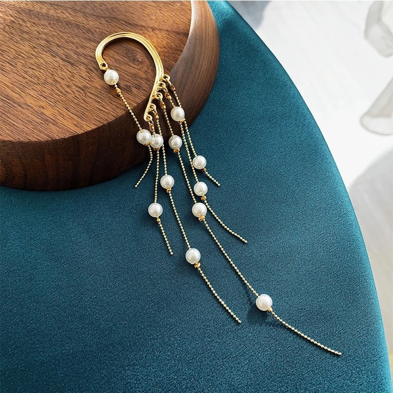 Super Fairy Bone Clip Pearl Tassel Earrings - Image 2